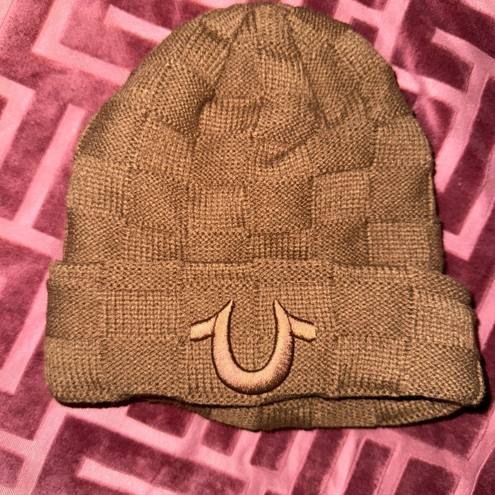Brown Knit True Religion Beanie with the LOGO